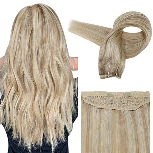 Fshine Halo Crown Hair Extensions 16 Inch Brazilian Hair Color 18 Ash Blonde Highlight 613 Blonde Fish Wire Remy Hair Couture 80 Gram
