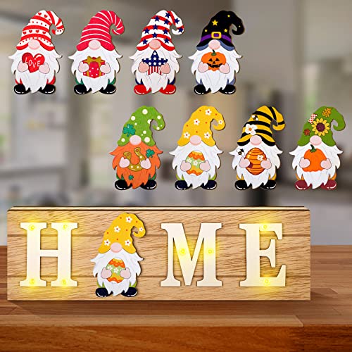 Gnome Home Sign Interchangeable Easter Gnome Wooden Signs Rustic Home Sign with 8 Seasonal Gnome Magnet Wooden Home Sign with 8 LED Lights for Home Easter Party Holiday DIY Decor
