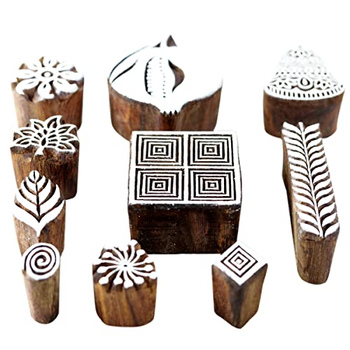 Hashcart® Wooden Stamps For Block Printing, Crafting - Set Of 10, Handmade Indian Stamps For Kids' Art Projects, Fabric Clay Henna Tattoo To Decorate Card Wooden Pottery Stamps #TOP1