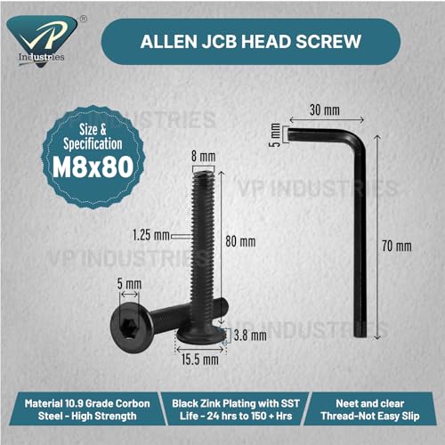 Image of Rely⇒VP INDUSTRIES (Pcs-15) M8x80 mm Black JCB Allen Head Furniture Screw Fastener Bolts | Furniture Bolt Crib Bunk Bed Furniture Cot, Barrel Bolt | Allen JCB Screw High Tensile Alloy Steel 10.9 Grad