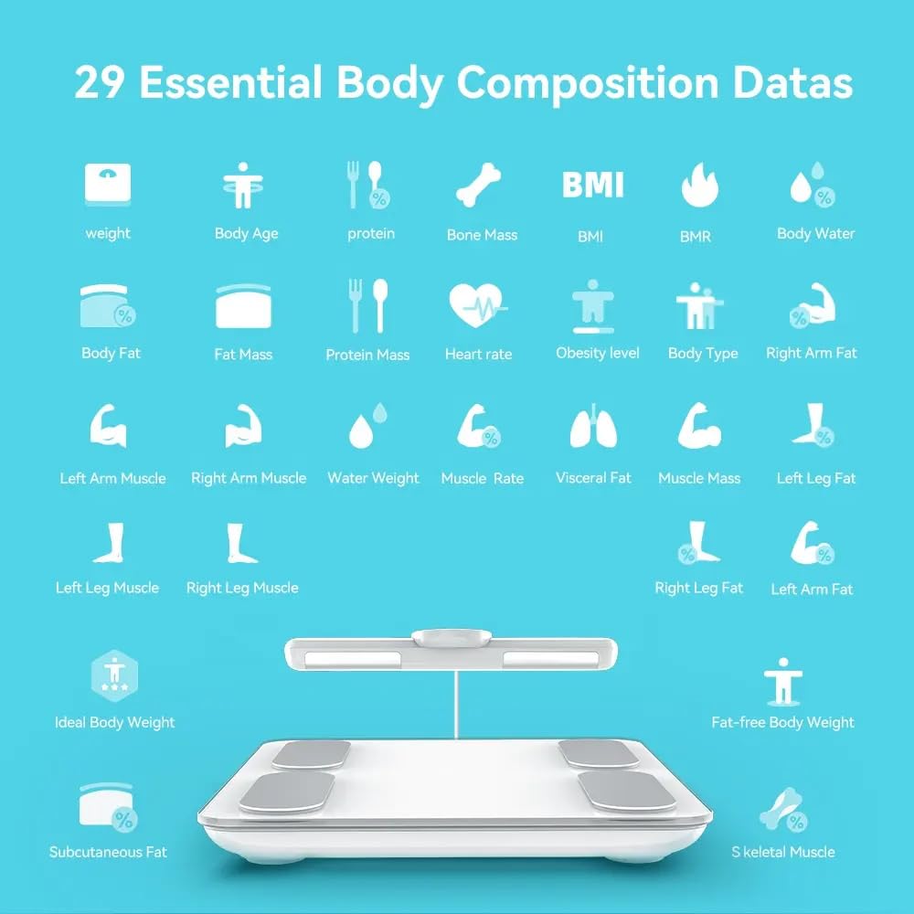 Pèse Personne Balance Connectée Impédancemètre Avec 8 Électrodes 29 Données Corporelle Affichage LCD Recharge USB C Avec APP pour Andriod et iOS, Max. 180kg/400lb/28st, 30 * 30CM