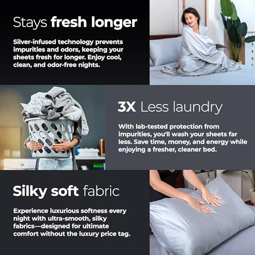 Silvery Silver Infused Bed Sheets Set - Award-Winning Self-Cooling Fabric with Self-Cleaning Silvery Technology™ That Stays Fresh 3X Longer for Hygienic Sleep (Gray, Full) - Image 6