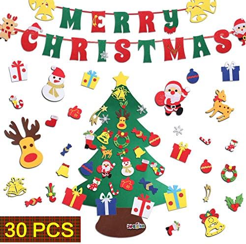 JOKBEN DIY Felt Christmas Tree Set, with Merry Christmas Felt Banner Wall Hanging Christmas Decorations with 27pcs Detachable Ornaments Xmas Gifts for Child