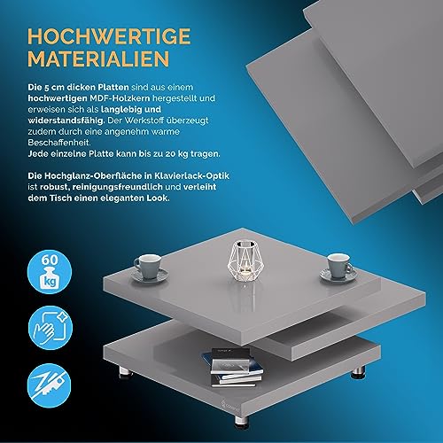 Casaria® Couchtisch New York 72x72cm Wohnzimmertisch Grau Hochglanz Design Modern 360° drehbare Tischplatte höhenverstellbare Füße MDF Sofatisch Cube – Bild 7