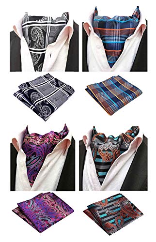 MOHSLEE Men's 4 PCS Paisley Striped Ascot Ties Cravat Wedding Pocket Squares Set