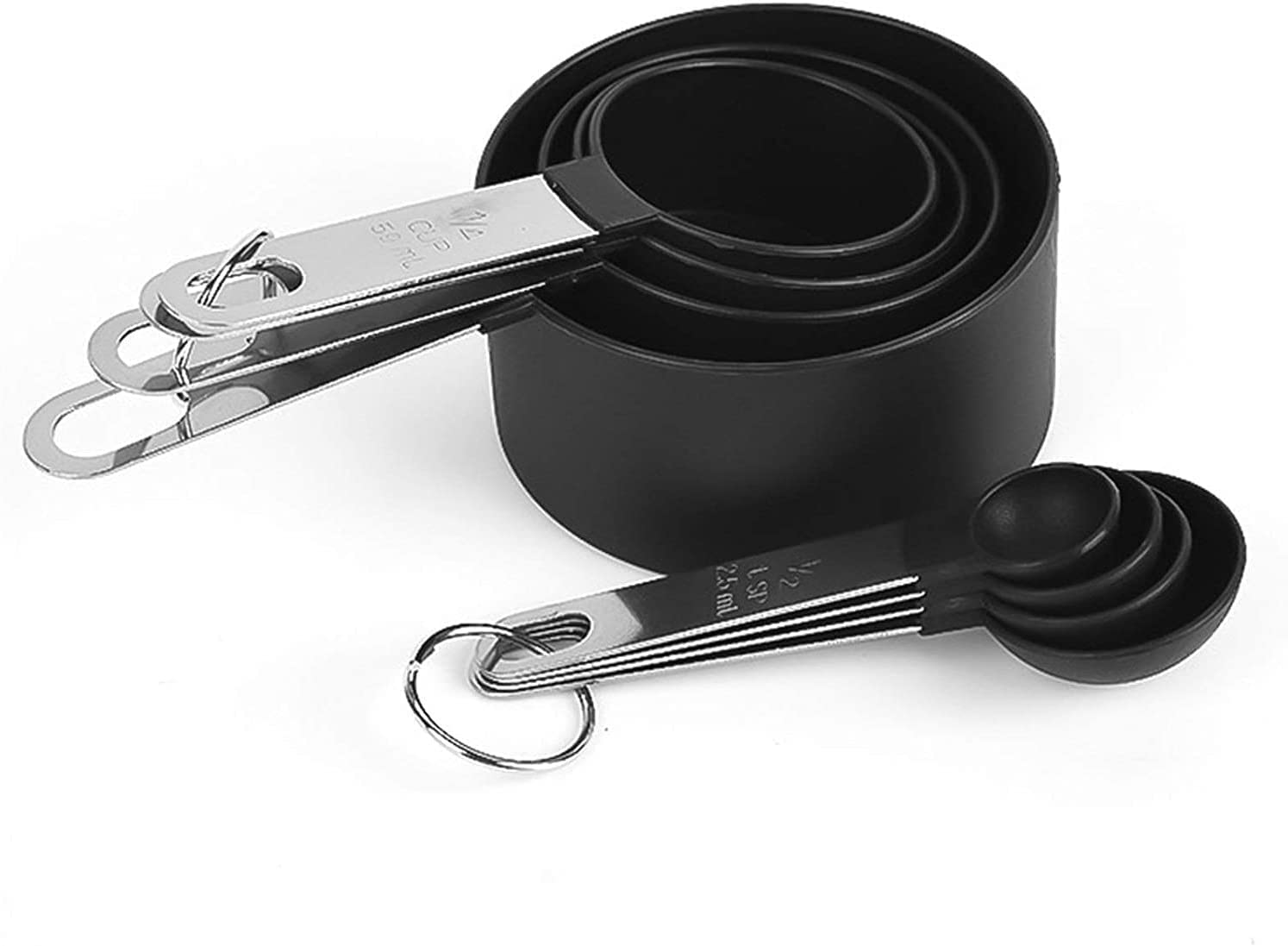 Cucharas medidoras Cuchara medidora de acero inoxidable Juego de taza medidora y cuchara medidora con mango de silicona Juego de 8 piezas de herramientas para hornear cucharas (Color : Black Size :