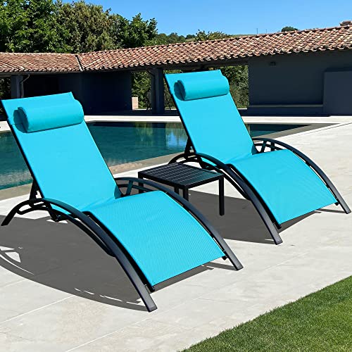 Mirsion Lounge Chair And Side Table Set Of 3, Patio Chair For Outside In Swimming Pool, Beach Chaise Lounge Outdoor Recliner With Arm (Light Blue) #TOP9