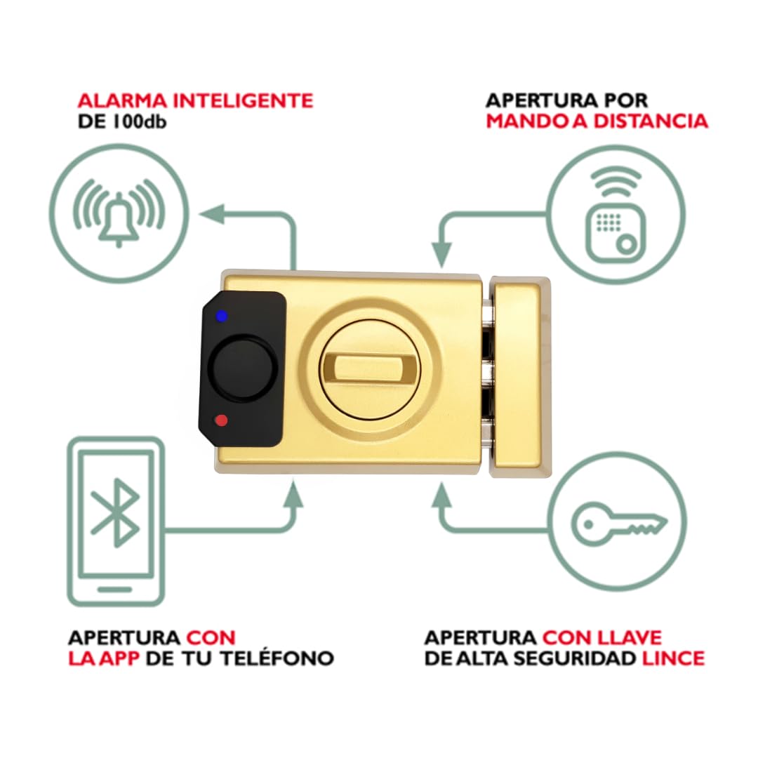 Lince SMARt7930 Cerradura inteligente para puerta – Cerrajo con alarma de 100 dB, control por aplicación, control remoto y llave reversible de alta seguridad – Recargable por USB-C – Color Oro