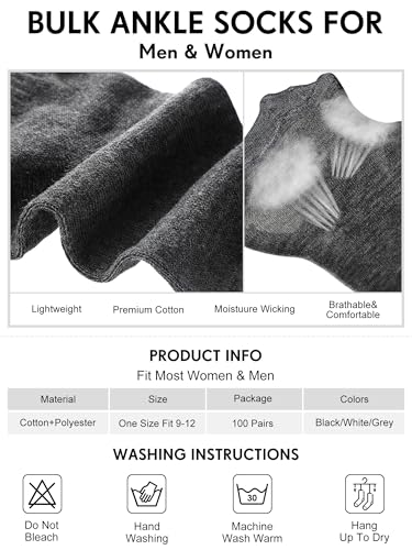 Image of Tarpop 100 Pairs Bulk Mens Socks Moisture Wicking Casual Sports Ankle Socks for Homeless Unisex Adult Men Women