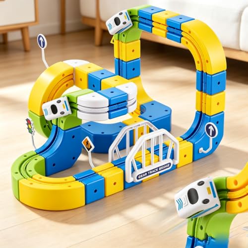 VeftBltrem 124-Piece Magnetic Train Set 3D Gravity-Defying Electric Train Track System Track Fusion Toy with Train Traffic Signs & 36 Cube Tracks Magic Rail Cube Track Kids Toy for Boys & Girls