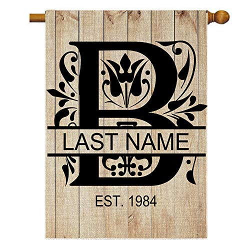 Faromily Personalized B Split Monogram Garden Flag Wood Background Vertical Double Sided Custom Last Name Burlap Garden Yard Banner Lawn Outdoor Decoration 28 x 40 Inch
