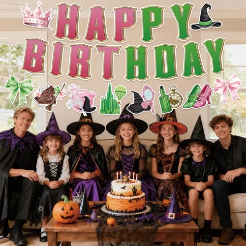 Image of 3pcs Pre-Strung Wicked Happy Birthday Banner Pink and Green Paper Garland for Witch Theme Party Decorations
