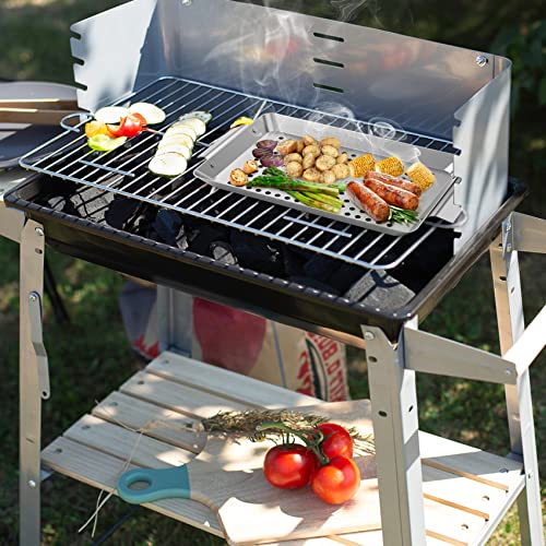 Onlyfire Grillschale Edelstahl, Rechteckiger Grillkorb Set für Fleisch, Gemüse und Fisch, Mini Grillschalen für Gasgrill Zubehör, Gelochte Grillpfanne, 32 x 18,5 x 1,7 cm