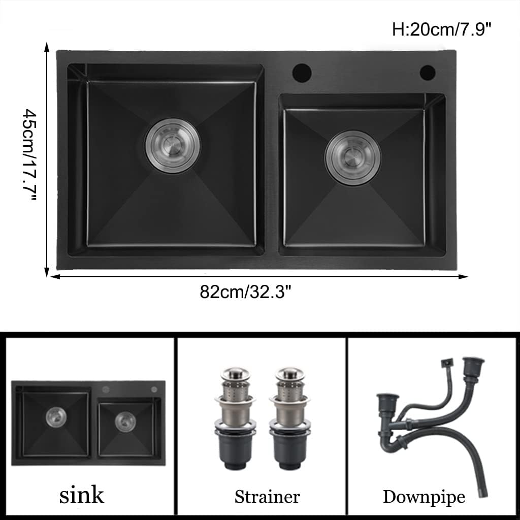 KITCHEN SINK Bar Double-Bowl Stainless Steel Sink with Drain Basket & Drain Assembly Top Mount Or Undermount (Color : Black, Size : 82x45x20cm)