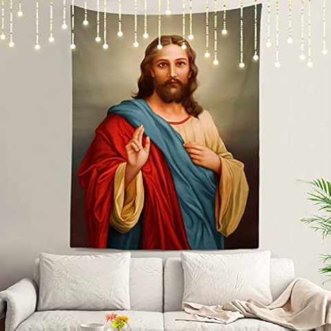 Shrahala Christ Scene Wall Tapestry, Divine Mercy of Jesus Christ Christian God Wall Hanging Large Tapestry Decoration Polyester Fiber White Hem Around for Dorm Room Bedroom 82.7 x 59.1 in Cover