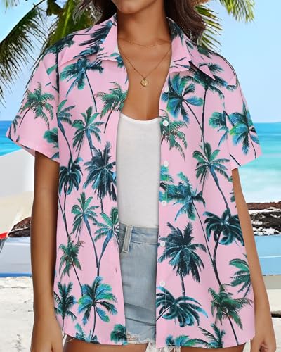 Image of Women Hawaiian Shirt Button Down Summer Tops Beach Short Sleeve Blouse