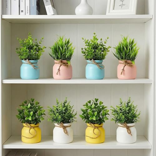 Image of Dekorly Artificial Potted Plants, Artificial Plastic Eucalyptus Plants Small Indoor Potted Houseplants, Small Faux Plants for Home Decor Bathroom Office Farmhouse (Matka Multi Color)
