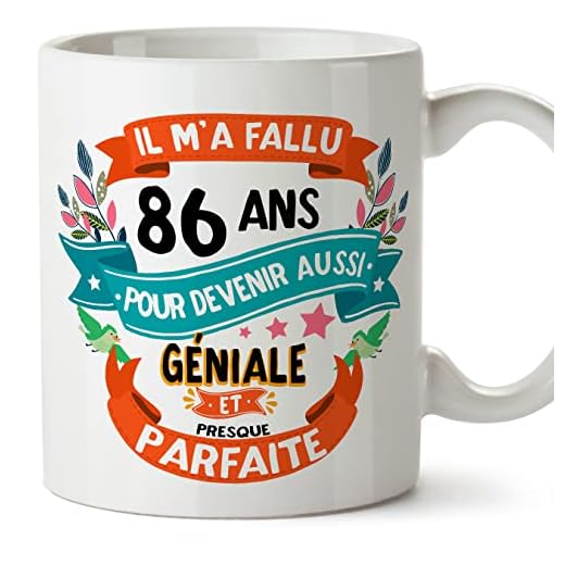MUGFFINS Tazas 86 Cumpleaños - En Francés - Il m'a fallu 86 ans pour devenir aussi geniale - 11 oz - Regalo original y divertido