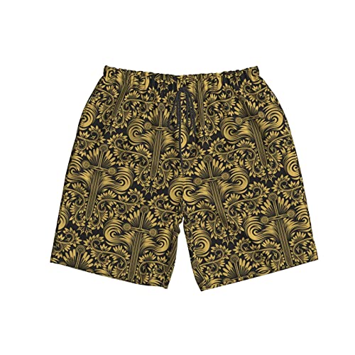 Baroque Texture Floral Sword Black Gold Mens Swim Trunks Beach Shorts Summer Sports Running Bathing Suits