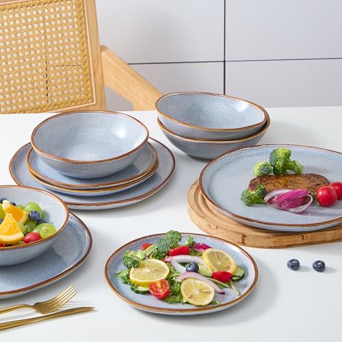 Image of Bestone 12 Pieces Round Kitchen Dinnerware Sets,Plates and Bowls Sets,Dishes, Plates, Bowls, Dish Set, Chip Resistant Ceramic Dinnerware Set, Dishwasher /Microwave Safe,Service for 4,Reactive Blue