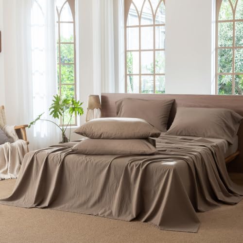 Image of MooMee Sheet Set 100% Washed Cotton Linen-Like Extra Deep Pocket Queen | Relaxed Linen-like Texture. Soft, Breathable & Lightweight Comfort. 15-19 inch Extra Deep Pocket with All-around Elastic