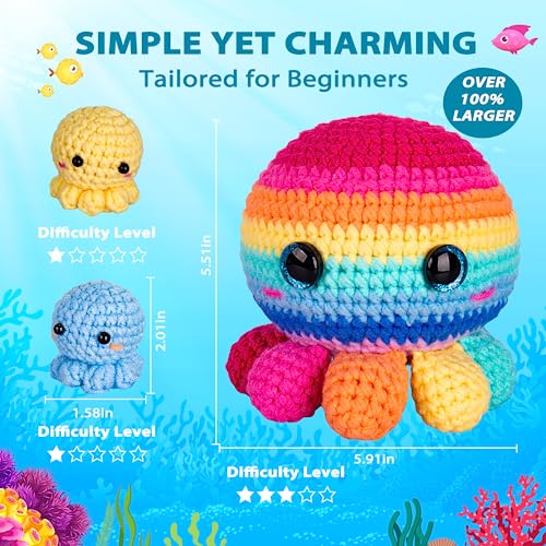 Image of Crochetta Crochet Kit for Beginners, Crochet Kit Step-by-Step Video Tutorials, Crochet Starter Kit Learn to Crochet Kits for Adults Kids Beginners, Jumbo 3 Colorful Octopus Familly (40%+ Yarn Content)
