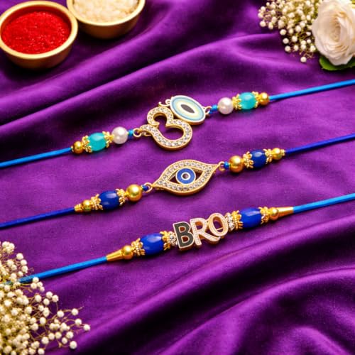Image of Jaipur Ace Designer Kundan Rakhi with Lumba for Bhaiya Bhabhi | Premium Raksha Bandhan Thread for Brother & Sister-in-Law | Fancy Stone Work Bracelet with Tassel | Traditional Festival Gift (SET OF 3)