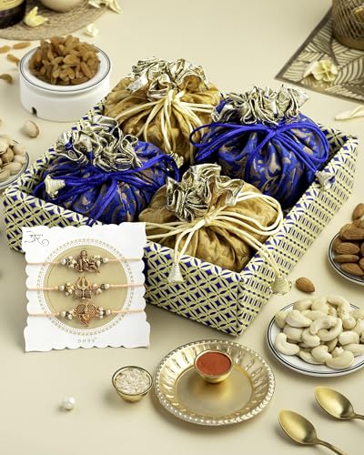 Image of HyperFoods Eid Mubarak Gift Box Rawfruit's Handcrafted Potli Blue Dry Fruits Pack of 4 Almond Cashew Raisins Pistachios 495 Gr Ramzan Gift Hampers DryFruit Combo Pack DryFruits Eid Gift Hamper