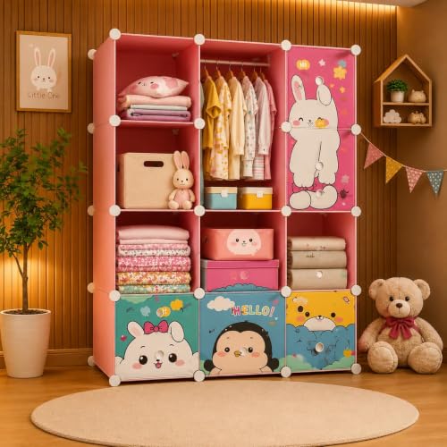 Image of 12 Door Plastic Wardrobe for Kids - Cupboard for Clothes Storage Rack, Almirah for Clothes, Baby Collapsible Wardrobe, Multi-Purpose Kids Storage Organizer for Books,Toy (Pink-HY, 12-Door)