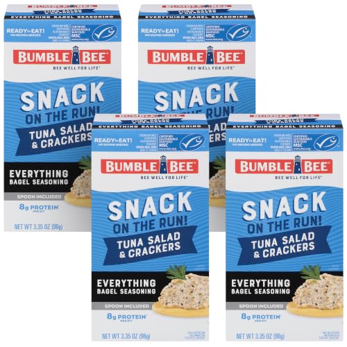 Bumble Bee Snack On The Run Everything Bagel Seasoning Tuna Salad With Crackers Kit, 3.35 oz - Ready To Eat, Spoon Included - Wild Caught Tuna - Shelf Stable &amp; Convenient Protein Snack (Pack of 4)