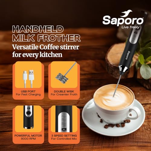 Image of Saporo FrothLite Electric Milk Frother, Rechargeable Handheld Frother with 3 Speed Settings, Stainless Steel Whisk Heads, Stand Design, for Coffee, Cappuccino, Latte, Matcha & Hot /Cold Milk
