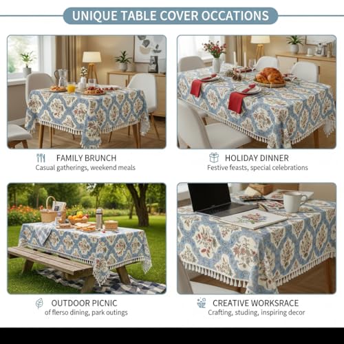 Image of RRC Microfiber Cotton Table Cloth Pack of 2 for 4 Seater Dining Table, 45 x 60 Inch Rectangular Printed Table Cover with Tassels, Washable, Durable & Fade Resistant