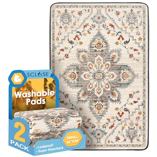 SCLOSE Washable Pee Pads for Dogs 2 Pack, 36' x 24' Reusable Puppy Pads Waterproof, Super Absorbent Dog Rugs, Leakproof, Dog Crate Pad, Playpen Mat, Whelping Pads, White Medallion