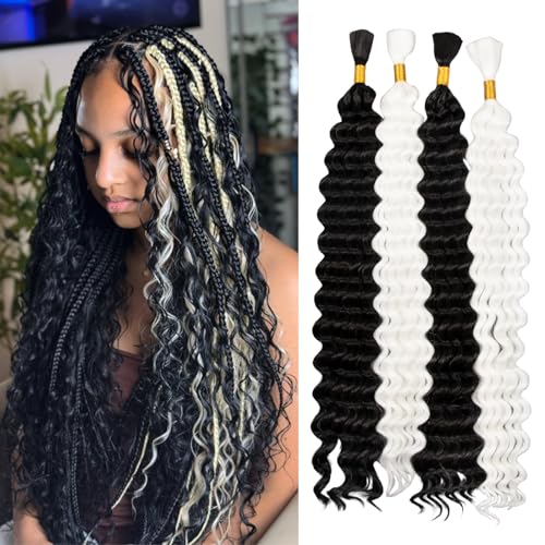 Braiding Hair 300g 4 Bundles/Pack 22 Inch Deep Wave Bohemian Braids for Curly Braiding Hair No Weft Natural Color, Boho Braids Hair Water Wave(Black White# 4 Bundles 22inch)