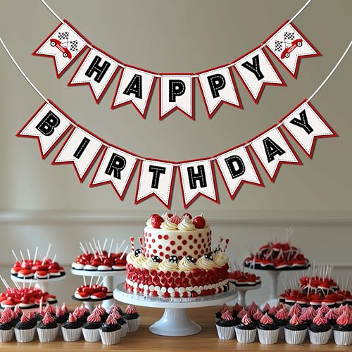 Image of Race Car Happy Birthday Banner Racetrack Running Racer Party Decoration for Birthday Party Decorations, Red Racing Theme Decor