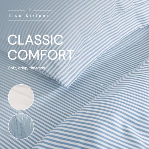 Image of Monbix King Size Comforter Set-7 Pieces Soft Bed in a Bag King Bedding Set | Blue Vertical Ticking Stripe Lightweight All Season Comforter with Sheets, Pillowcases & Shams