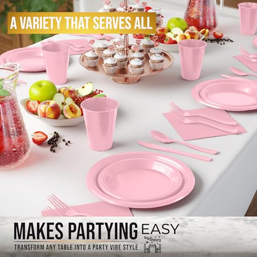 Image of Exquisite 350 Pcs Pink Plates and Napkins Party Supplies Plate Sets | Sturdy Plastic Dinnerware Set With 9 inch & 7 inch Plates, 12 Oz Cups, Lunch Napkins and Cutlery Serves 50 for Birthdays & Everyday