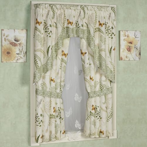 Butterfly Eden Cotton Window Treatment | Rod Pocket | Nature Medallion Butterfly Dragonfly Fern Leaves | Eggshell, Gold Yellow, Green | 2 Piece Set Includes: 63L Curtain Pair and Contour Swag Valance