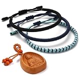 LUCKY BUDDHIST 3 Pulseras Budistas Tibetanas Ajustables – Pulseras de Cuerda Trenzada para Hombre y Mujer – Incluye Llavero Buda de Madera