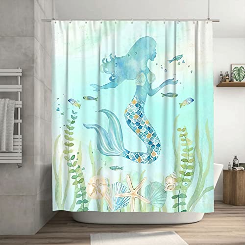 Jamie World Ocean Mermaid Shower Curtain Girls Room Shower Curtain Starfish Shell Fish Scale Bathroom Shower Curtains Turquoise Waterproof Polyester Fabric Decor With Plastic Hooks 60 X72 Inches #TOP6