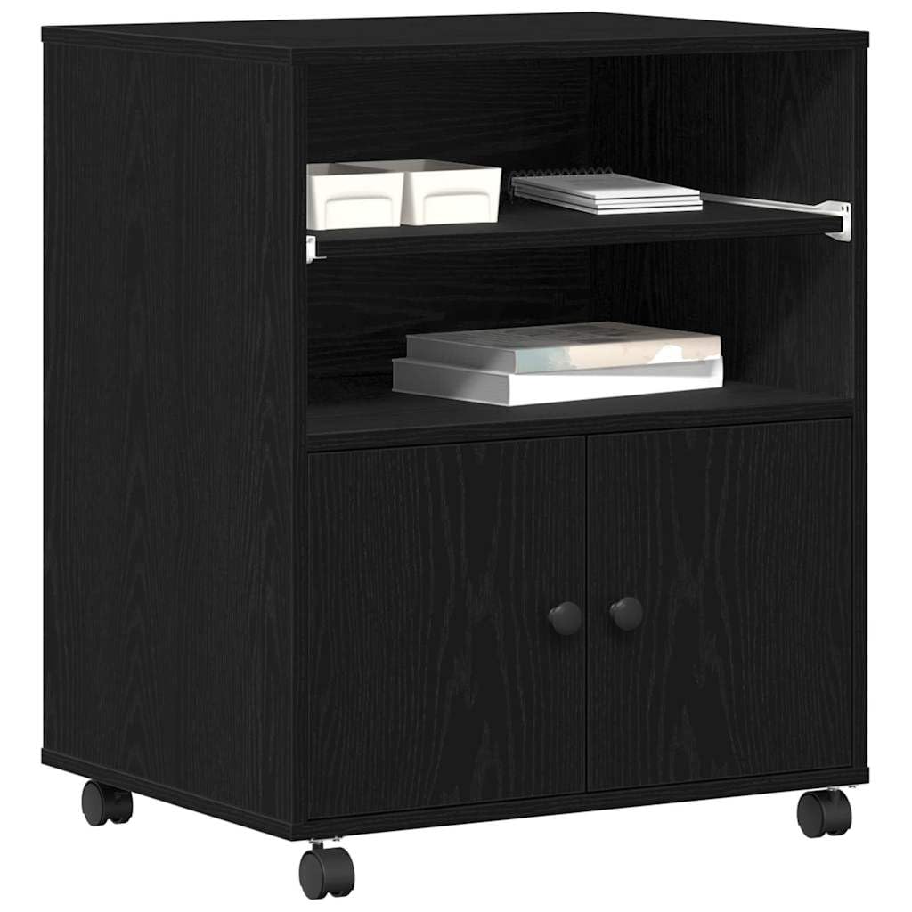 Druckerständer Schwarz Eichen-Optik 60 x 48 x 74 cm, kompaktes Druckerregal aus Holzwerkstoff mit schwarzen Knöpfen, Stabiler Druckerunterschrank für Home-Office und Büro,