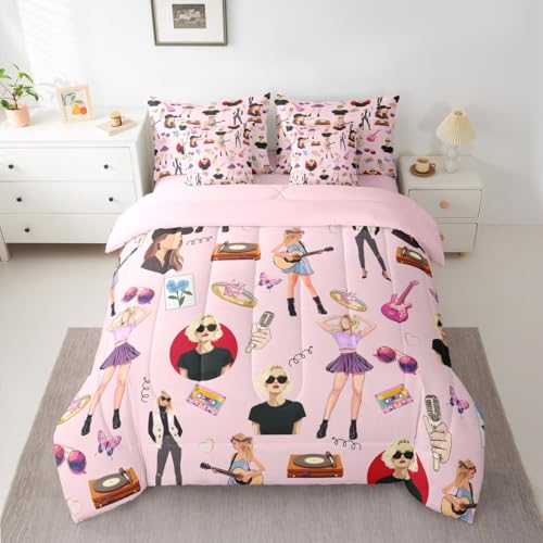 Music Bedding Set Twin Size Girls Singer Bed in a Bag Gifts for Women Music Lovers Guitar Comforter Set 7 Pieces Coworker Sister Friends Bed Set with Comforter, Sheets, Pillowcase, Cushion Cover Pink