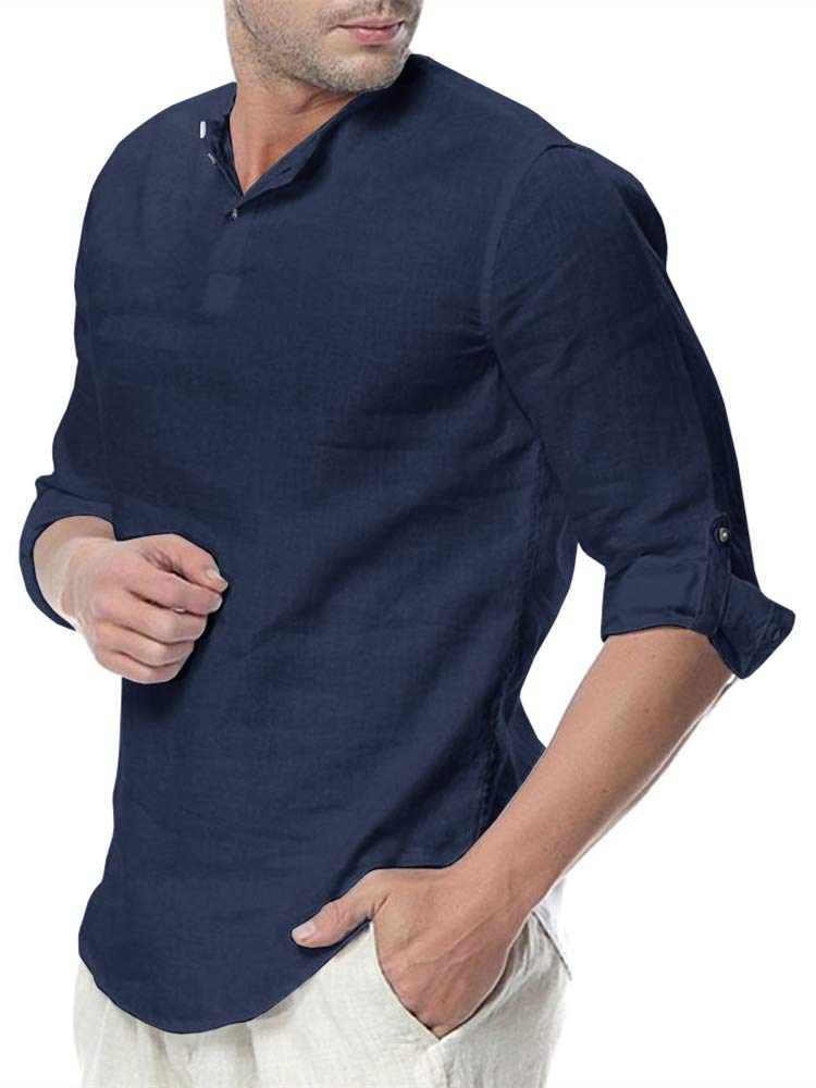 MakkromMen's Cotton Linen Henley Shirt Short Sleeve Hippie Casual Summer Beach Yoga T Shirts