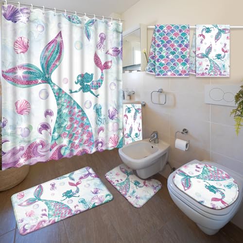 Nuanchu 6 Pcs Mermaid Shower Curtain Set with Rug Bathroom Sets with Shower Curtain Bath Mat U...