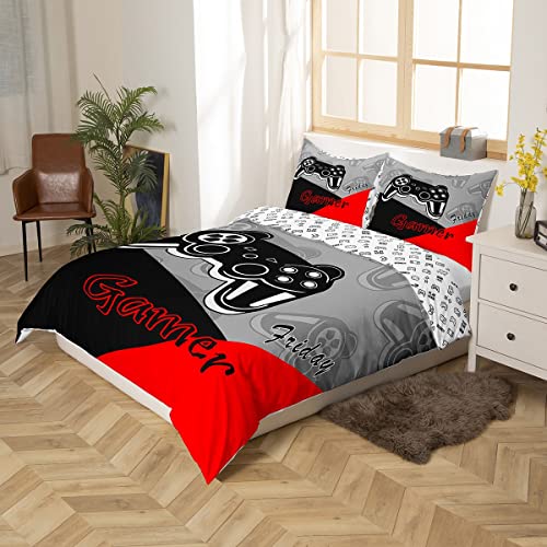 Loussiesd Gamer Bedding Set for Boys Teens Game Duvet Cover,Video Game Home Decor Player Gaming Comforter Cover Set Kids Toddler 2 Pieces 1 Duvet Cover with 1 Pillowcases Black Red Grey (Single) - Image 2