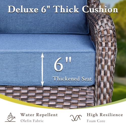 Luxury High Back Outdoor Furniture with 6-inch Extra Thick Cushions, Patio Furniture Set with Swivel Chairs, 7 PCS Wicker Conversation Set for Yard, Deck, Poolside, Brown/Blue - Image 4