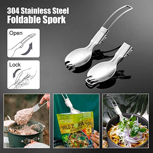 Odoland Geschirr Set für Camping Inklusive Faltbare Zusammenklappbare Silikonschüssel und Reisebecher mit Deckel, Edelstahl Salatlöffel für Backpacking, Outdoor, Camping, Wandern und Picknick