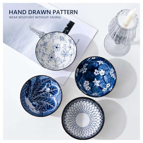 Image of Japanese Ceramic Bowl Set of 4 | 300ML Hand Painted Soup Rice Snack Bowls, Glossy Blue Floral Patterns, Textured White Exterior | Microwave & Dishwasher Safe Gift Set (Blue Ember)