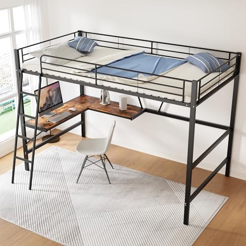 NovaFurnish Letto in metallo, letto a soppalco con scrivania e due librerie, per bambini, ragazzi e adulti, 140 x 200 cm, nero