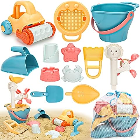 Sanlebi Sand Beach Toys for Kids, Soft Material Sandpit Toys with Bucket and Spade, Reusable Mesh Bag, Summer Beach Games for Toddlers Children Cover